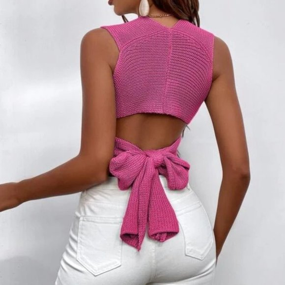 pink Wrap Knot Tie Back Knit Crop Top - Picture 2 of 7
